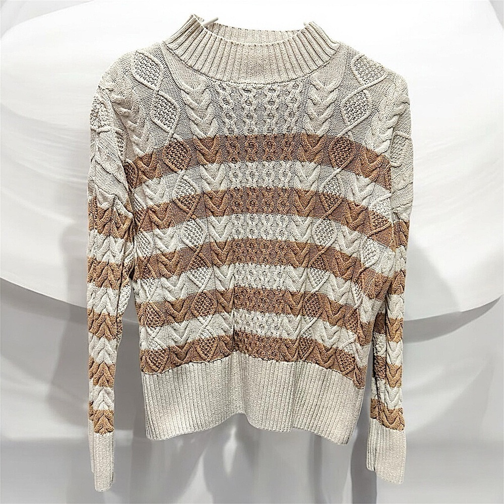 Tahari 100% cotton Cable Knit Sweater - Cream and Brown SMALL